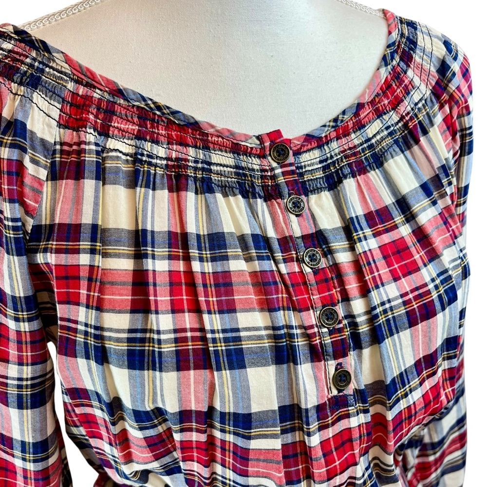FOREVER 21 Red White Blue Plaid Cotton Dress Sz L Long Sleeve Coastal Preppy USA - Picture 8 of 11